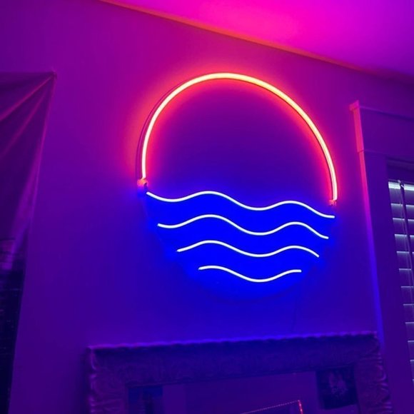 Neon Ocean Wave Sunset Blue Red Light Bedroom Beach Vacation Shelf Wall Decor - Picture 2 of 6